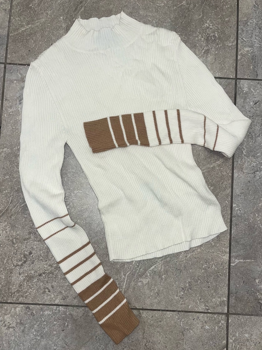 Forever 21 White Ribbed Turtleneck Sweater with Brown Striped Cuffs